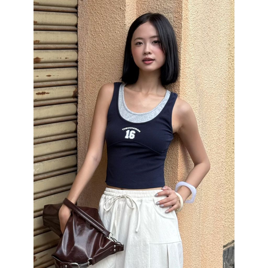 Áo tank top nữ THE C.I.U, áo ba lỗ dáng ôm phối layer 2 lớp in số 16 – Yuchi Tank Top