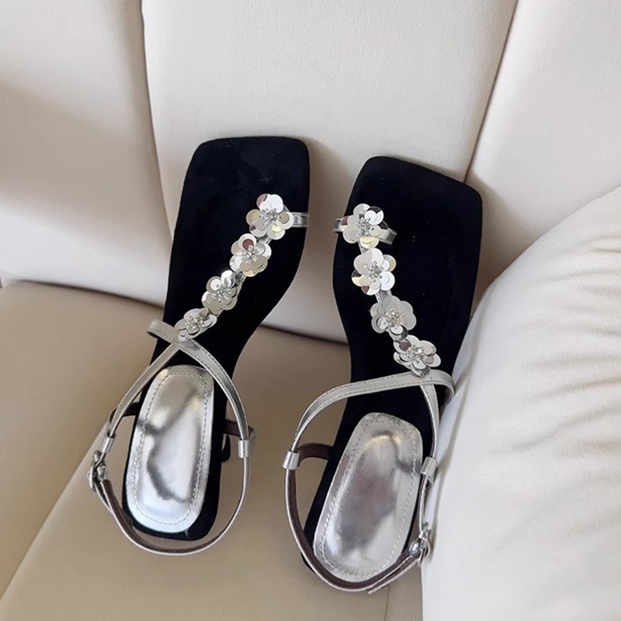 YVN6 Sheepskin Version~Square-toed sequin floral thong sandals for women, exquisite and suitable for