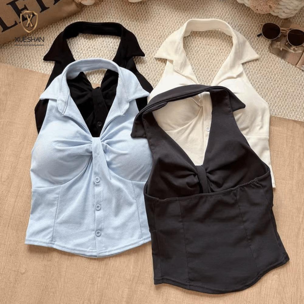 XUESHAN Twist Neck Tank Top, Cotton Front Twist Collar Áo không tay, Hợp thời trang Không tay Slim F
