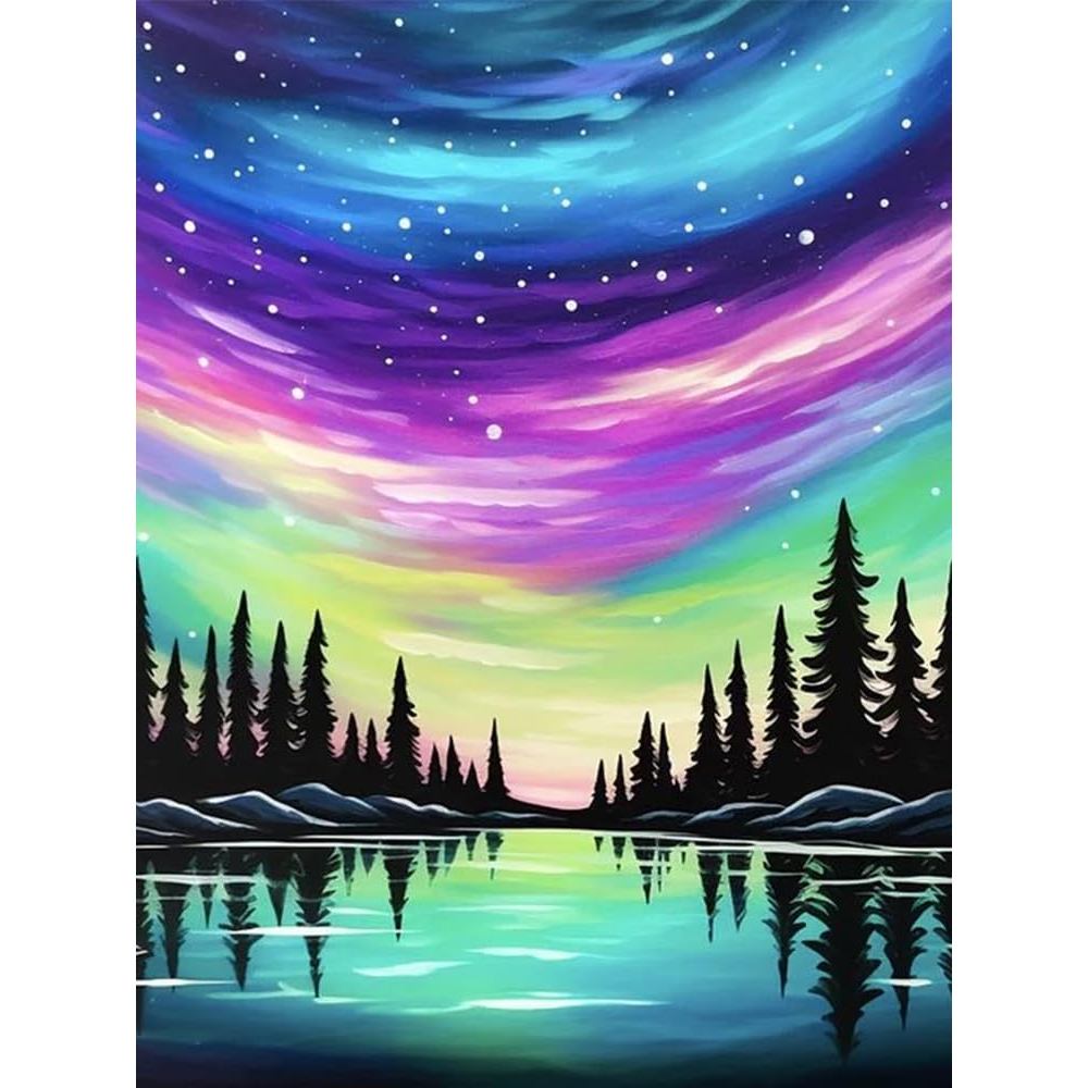 NWQZBYHT Aurora Lake Diamond Art Kits dành cho người lớn, Tree Starry Sky 5D Diamond Painting Kits d