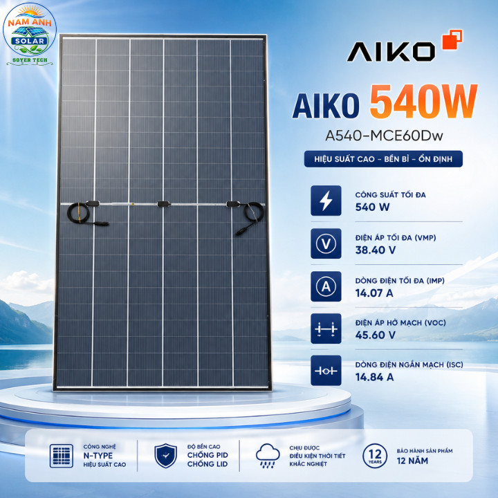 Tấm Pin Năng Lượng Mặt Trời AIKO 540W 2 mặt kính Chính Hãng  SOYER TECH Phân Phối -AIKO-A540-MCE60Mw