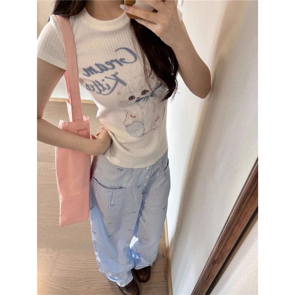 Áo thun ngắn tay màu trắng mèo nữ mùa hè Slim-Fit Slim-Fit Slimmer Look Narrow-Waisted Form Shoulder