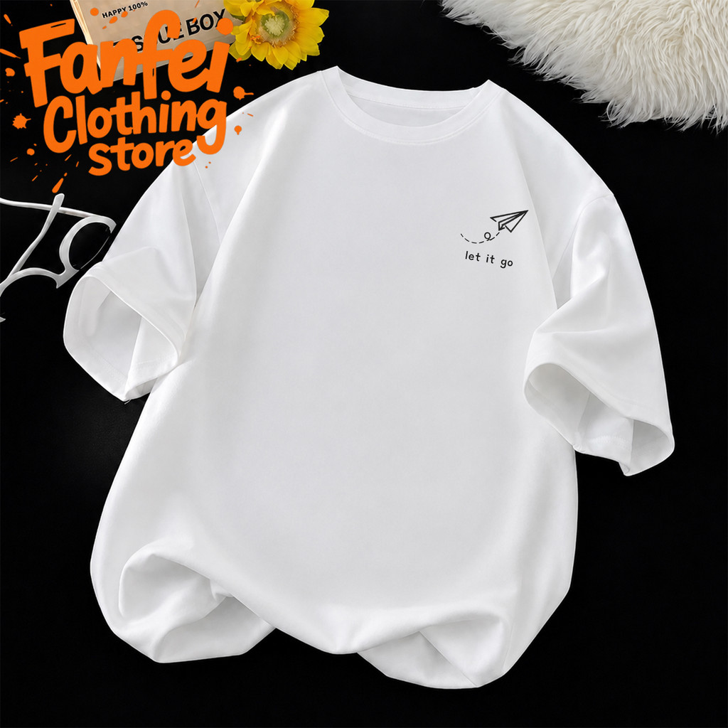COD Fanfei Áo thun trắng cổ tròn tay ngắn dáng rộng vừa vặn in hình Let It Go On Ngực Thích hợp để m