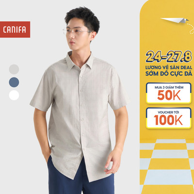 Áo sơ mi nam CANIFA chất liệu cotton cộc tay cổ đức họa tiết dập nổi 8TH26S009