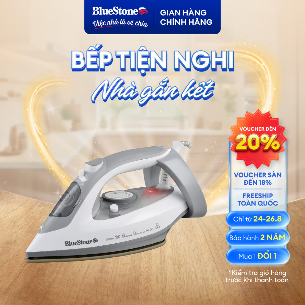 Bàn Ủi Hơi Nước BlueStone SIB-3836 2600-3100W - Đế Ceramic, Bình 280ml, Nóng Nhanh, Ủi Phẳng - Bảo Hành 2 Năm