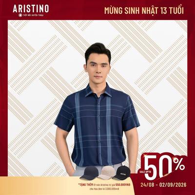 Áo Sơ Mi Nam Tay Ngắn Xanh Kẻ Aristino Regular Fit 50% Visco (Tre) Mềm Mại Thoáng Mát ASS135AS2