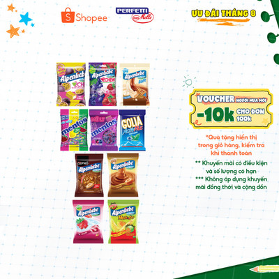 Kẹo cứng, kẹo mềm, kẹo nhai Alpenliebe, Golia, Mentos dạng gói nhiều hương vị