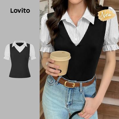 (New Arrival) Lovito Áo sơ mi nữ thanh lịch giả 2 trong 1 phối nút may vải áo sơ mi đen trắng xuân/hè L198ED222