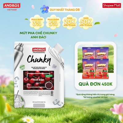 Mứt Trái Cây Pha Chế Anh Đào - Có miếng trái cây thật - Nguyên liệu pha chế - ANDROS CHUNKY - 1kg