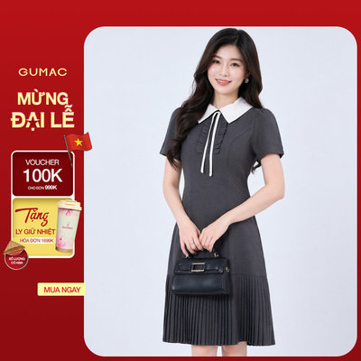 Đầm nữ dáng A GUMAC tay ngắn dún nhẹ trên vai phối cổ trắng tùng phối dập ly LDF1206