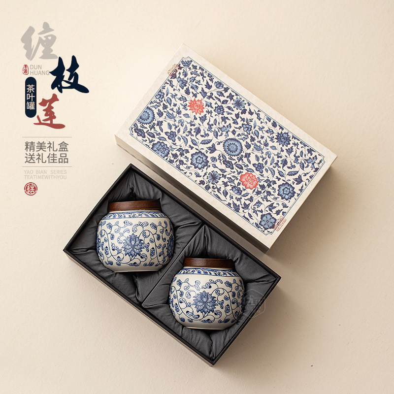 Hũ đựng trà gốm sứ cổ điển, hũ nhỏ sáng tạo họa tiết hoa sen chống ẩm, hũ sứ mini di động, hộp quà c