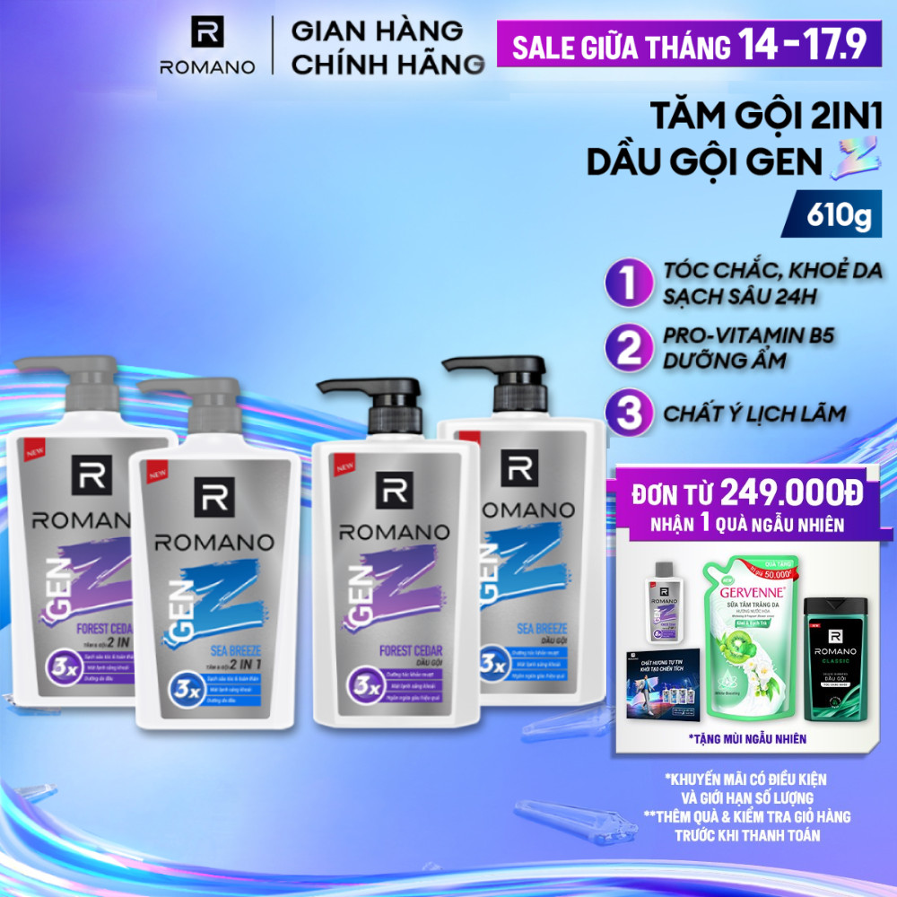 Tắm gội cho nam 2in1 cho nam / Dầu gội nam Romano Gen Z hương Sea Breeze/ Forest Cedar 610g / chai -