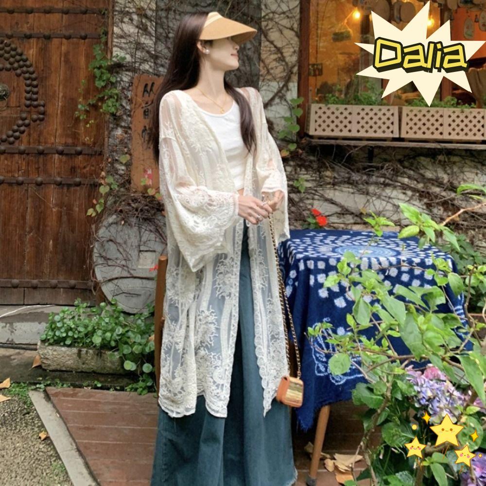 DALIA Móc Top, Áo ren dài tay buộc dây, Áo thêu dáng rộng vừa vặn nhẹ