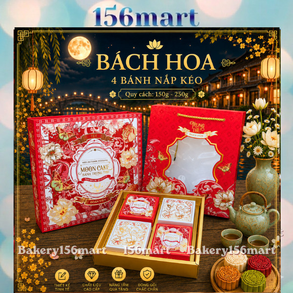 Vỏ Hộp Trung Thu 4 Bánh, Hộp Bánh Nướng, Bánh Dẻo 150g - 250g [BÁCH HOA]