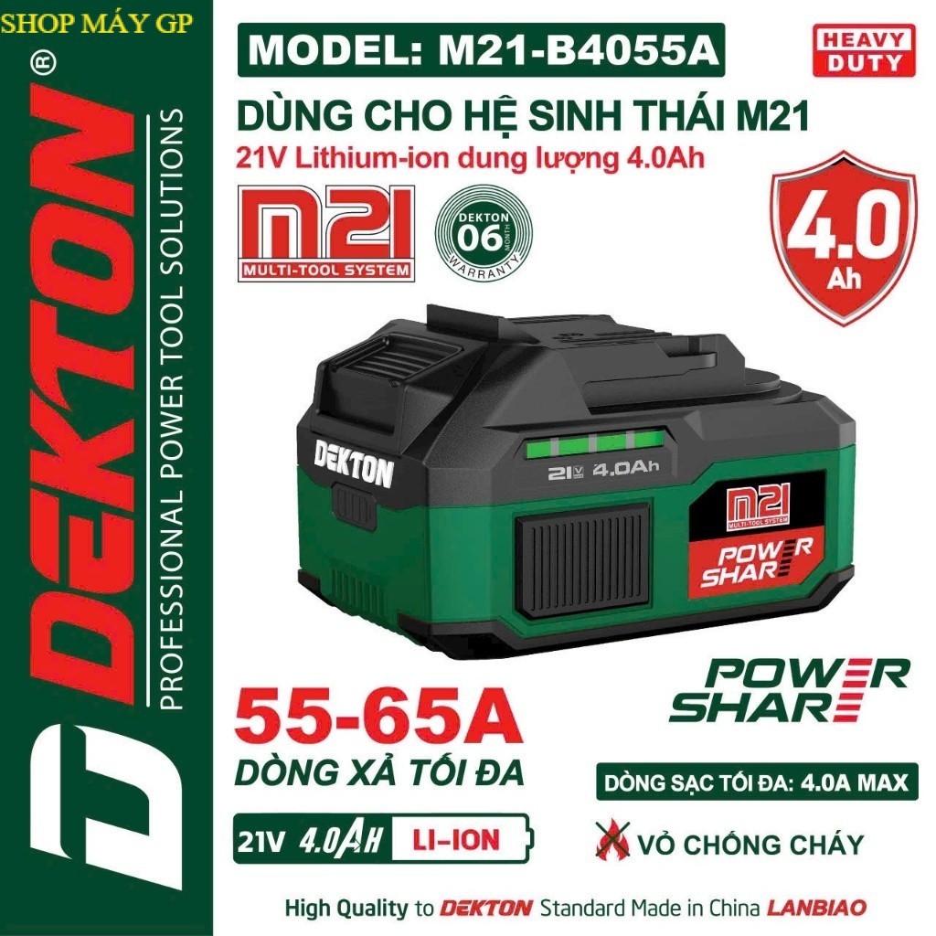 Pin 21V Dekton M21-B4055A, Dung lượng 4000mAh | Dòng Xả 55A | Chân Pin Phổ Thông | SHOP MÁY GP