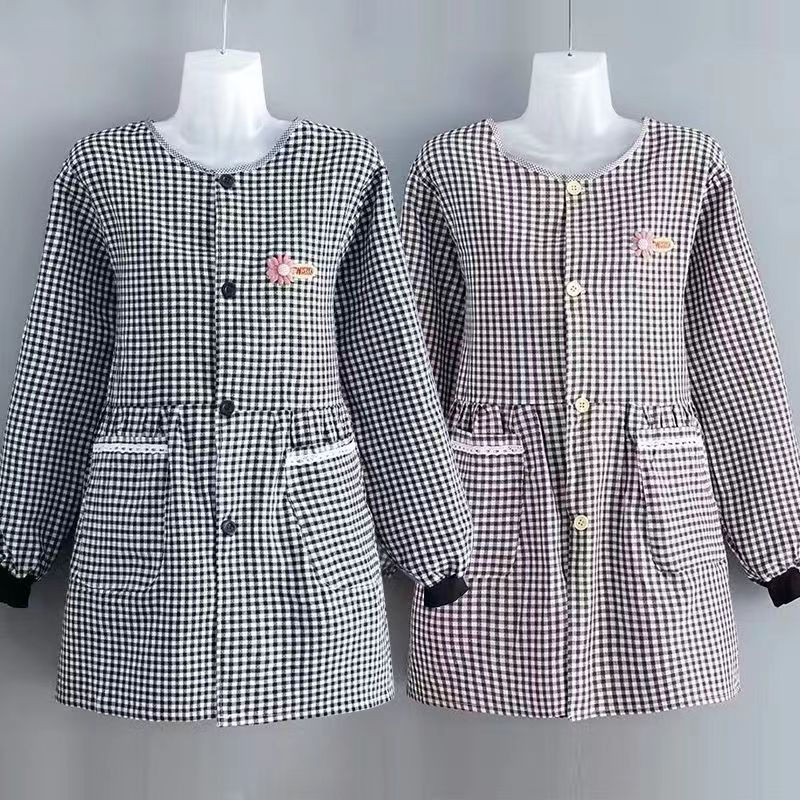 New long-sleeved front-fastening cotton apron for women, suitable for home use, stylish kitchen work