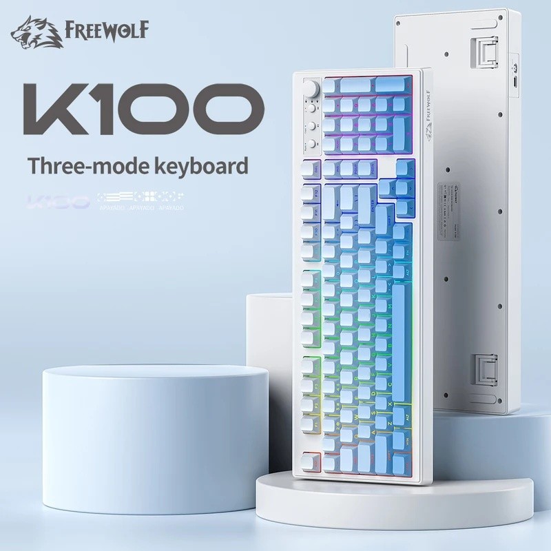 Bàn phím không dây ba chế độ FREEWOLF K100 99 phím RGB PBT 4000mAh Núm Bluetooth