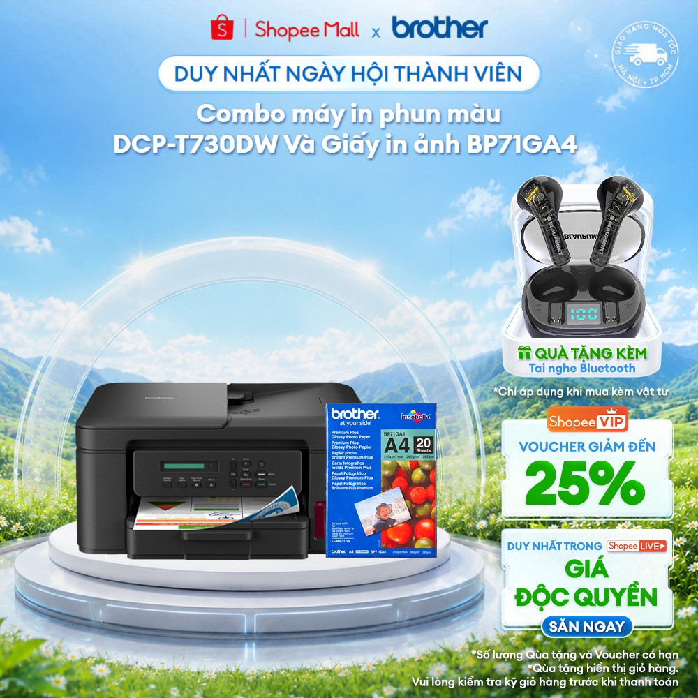 Combo máy in phun màu đa năng Brother DCP-T730DW + Giấy in ảnh BP71GA4
