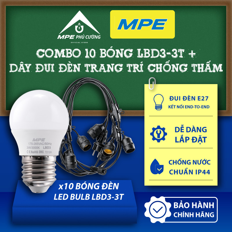 (CHÍNH HÃNG) MPE - Combo 10 bóng chống ẩm + Dây đui đèn trang trí ngoài trời chống nước Chính hãng M