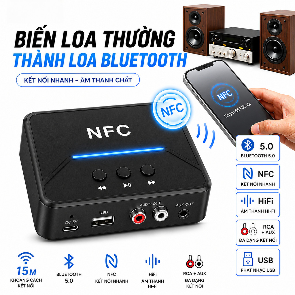 Thiết bị nhận Bluetooth không dây BT200 Hộp Bluetooth Âm Thanh Không Dây BT200 NFC V5.0