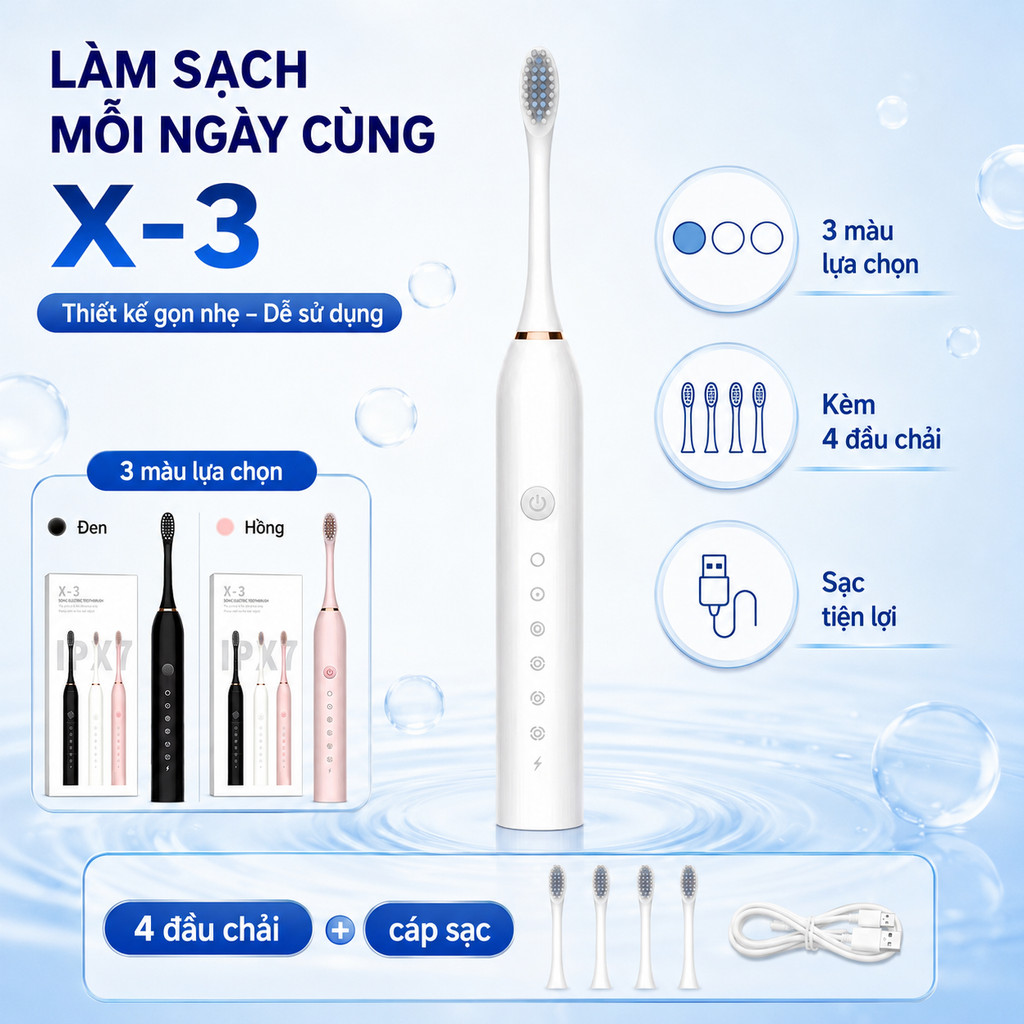 Bàn Chải Điện Sonic X-3 Sạc USB, Nhiều Chế Độ Rung, Kèm 4 Đầu Chải, Dùng Chăm Sóc Răng Hằng Ngày