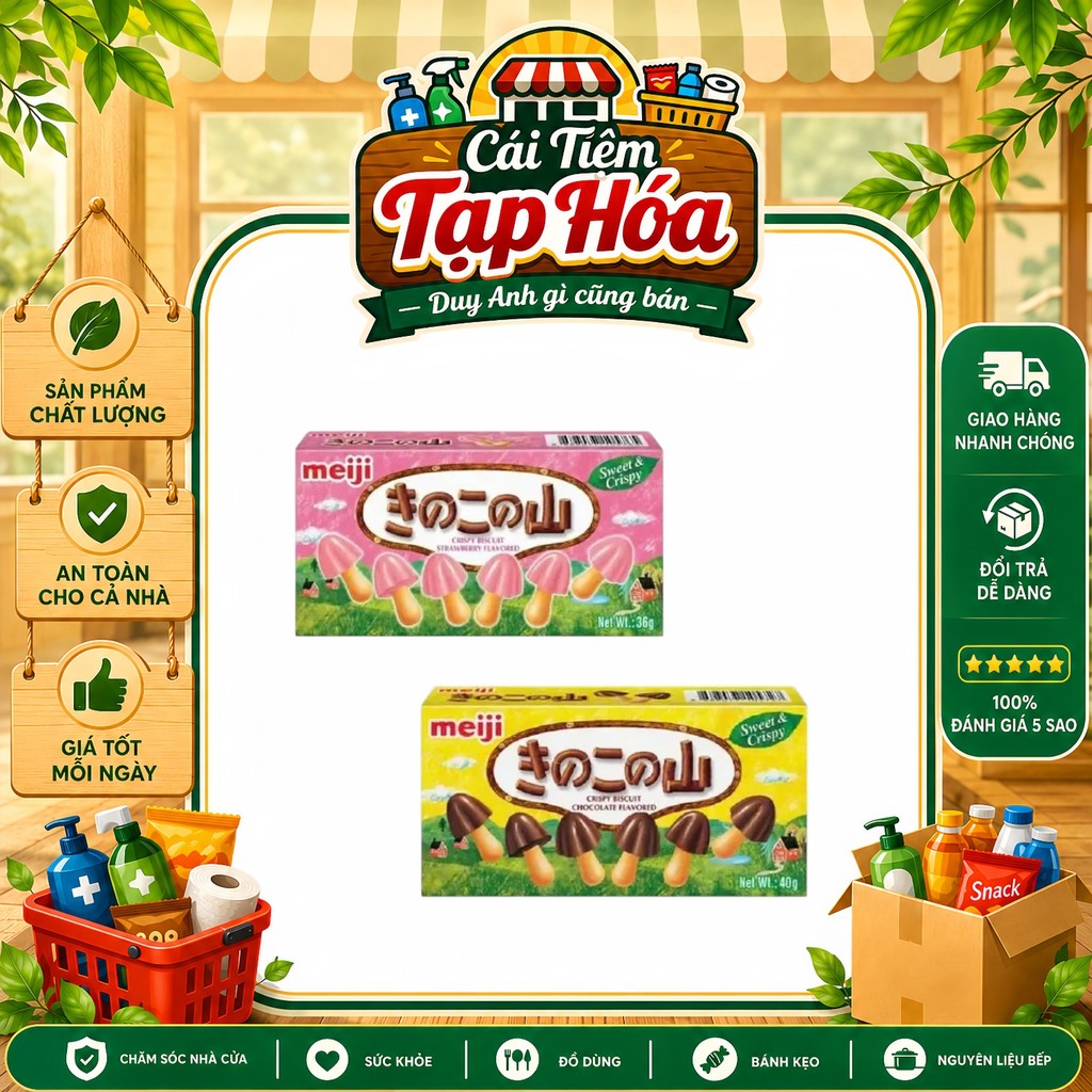 Meiji Chocorooms 36g/40g | Bánh Quy Hình Nấm Phủ Socola Dâu & Socola Sữa Nhật Bản