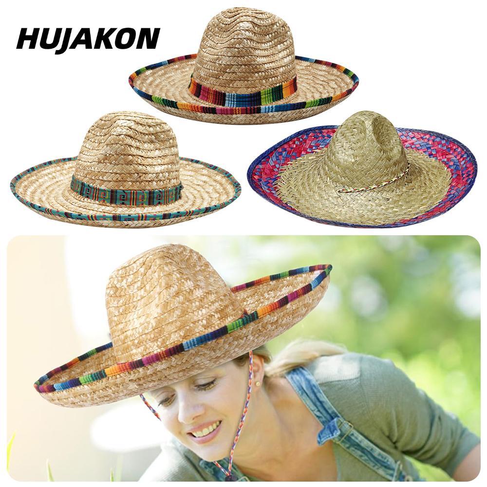 HUJAKON Sombrero Hat, Trang phục Mexico đích thực Mũ Jazz vành rộng, Mũ che nắng dệt ống hút thoáng 