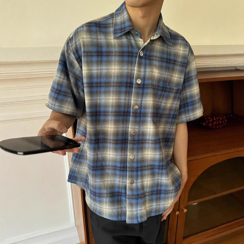 Áo sơ mi ngắn tay kẻ sọc màu xanh Flannel Áo sơ mi nam cao cấp mùa hè Áo khoác cleanfit của Mỹ