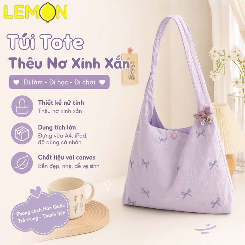 Túi Tote Canvas Đeo Vai Dung Tích Lớn Một Ngăn Hàn Quốc Ngọt Ngào Thêu Nơ Xếp Ly