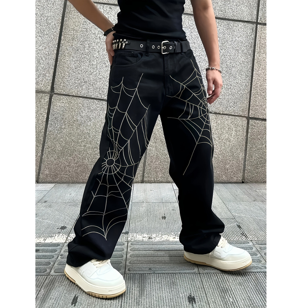Gothic wide-leg work pants, skateboarding streetwear cargo pants, beltless long pants
