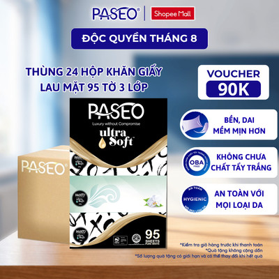 Thùng 24 Hộp Khăn Giấy Lau Mặt Paseo Hypo-allergic Xoxo Cao Cấp 95 Tờ, 1 Lốc 4 Hộp 3 Lớp Mềm Mịn