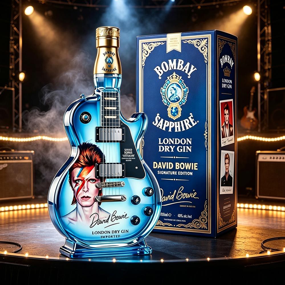 Blue Guitar Shape Bombay Sapphire Glass Bottle, David Bowie Themed Bar Decor