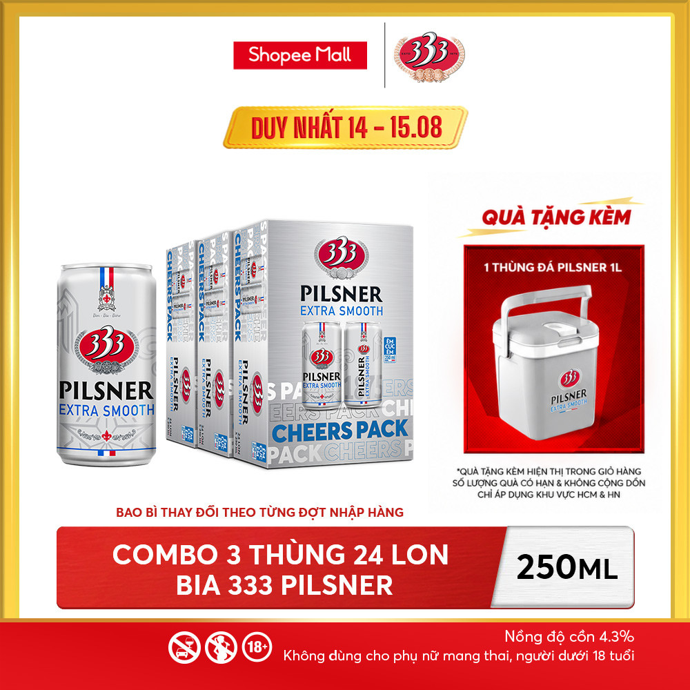 Nồng độ cồn 4.3% - Combo 3 Thùng 24 Bia 333 Pilsner 250ml