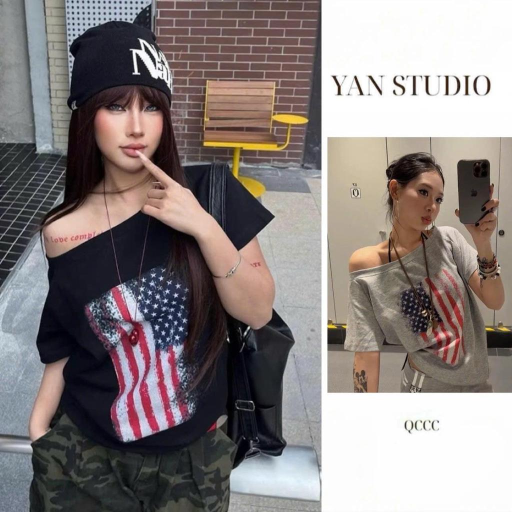 [YAN STUDIO] Áo Thun Nữ  Form Rộng Trễ Vai In Hình Cờ Mỹ Vintage Y2K Streetwear Cá Tính Y73