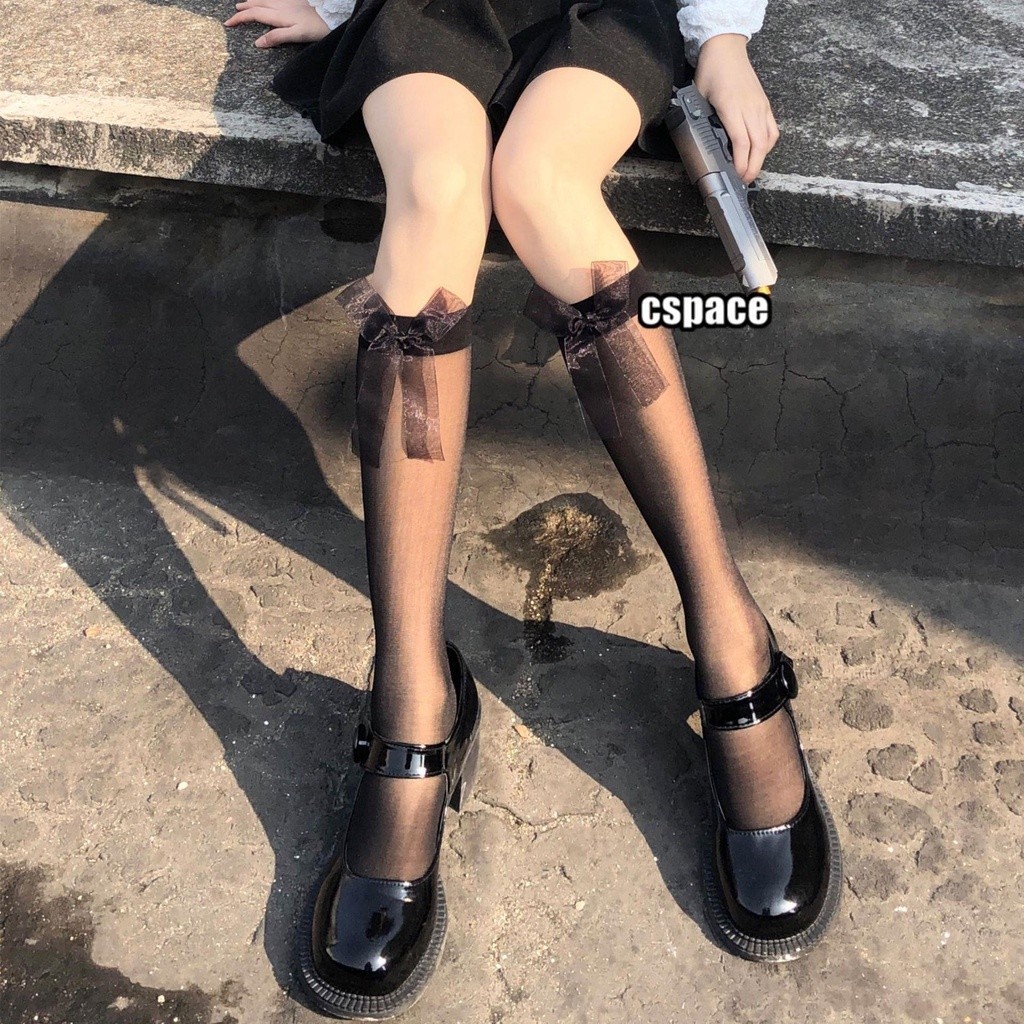 Vớ nơ ruy băng trắng vớ bê JK vớ dài vừa phải vớ đen lolita vớ dài vừa phải vớ dài