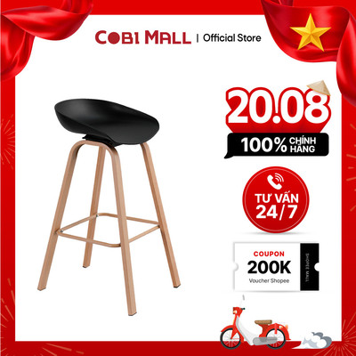 Ghế Bar Kiko Chân Gỗ, Mặt Ghế Ngồi Nhựa Cao Cấp Màu Đen, Chịu Lực Tốt 75cm, Cobi Home