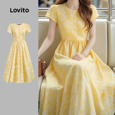 Đầm Lovito thanh lịch họa tiết hoa xếp ly mùa xuân/hè cho nữ L158ED1600