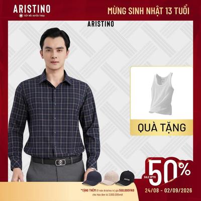 Áo Sơ Mi Nam Dài Tay Aristino 33% Bamboo Họa Tiết Xanh Tím Than Kẻ Vàng Tinh Tế ALS615EDP01