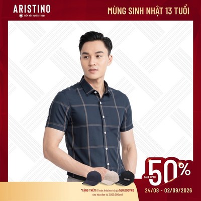 Áo sơ mi nam ngắn tay ARISTINO phom Slim fit, màu xanh than kẻ thời thượng, lịch lãm - ASS058S3