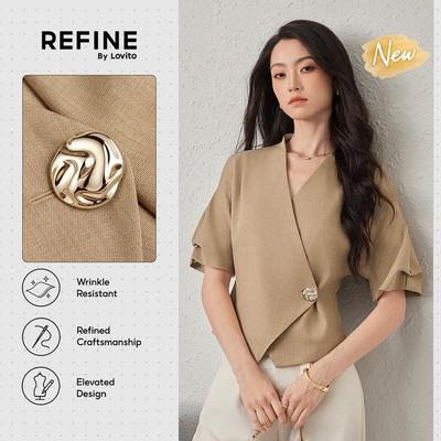 (New Arrival) (Refine by Lovito) Áo công sở vải cứng nếp đường nét chi tiết chéo kim loại áo nữ nâu xuân hè BLR42P1D028