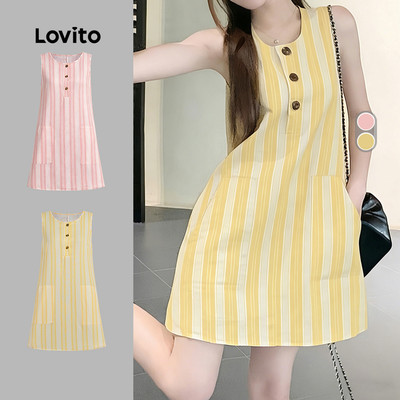 (New Arrival) Lovito Đầm vàng mùa xuân hè với họa tiết nút túi phong cách thường ngày cho nữ L196ED659