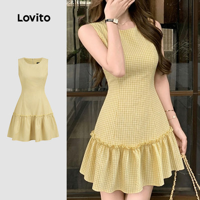 Đầm nữ Lovito vàng xuân hè dây kéo lai bèo xếp nếp thanh lịch LK6ED230