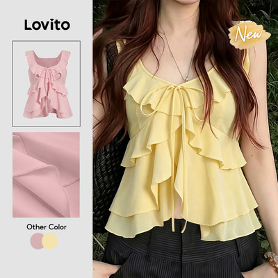 (New Arrival) Lovito Áo nữ xếp tầng nhẹ màu vàng mùa Xuân/Hè TKK8P1D621