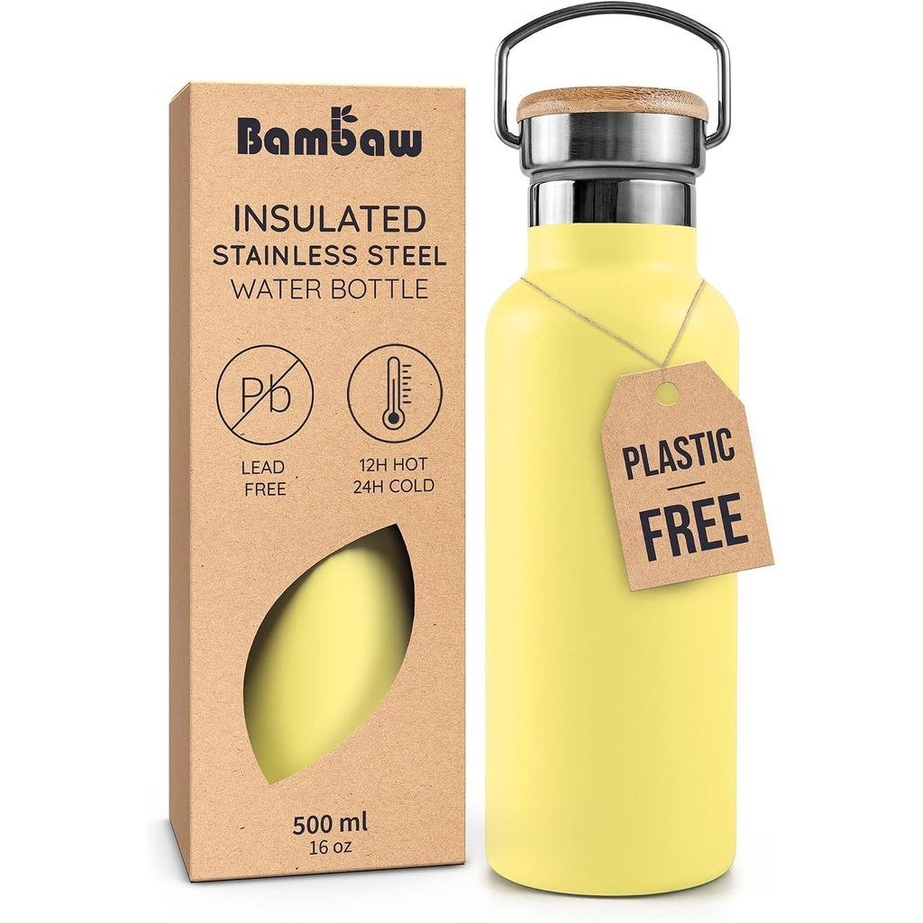 Bambaw 16 oz Insulated Water Bottle, Double Wall Stainless Steel Water Bottle with Handle, Made of H