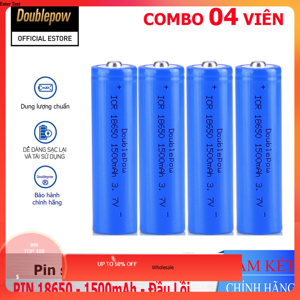 [Combo 04 viên] Pin sạc Lithium 18650 - 1500mAh đầu lồi Doublepow, pin dung lượng thực