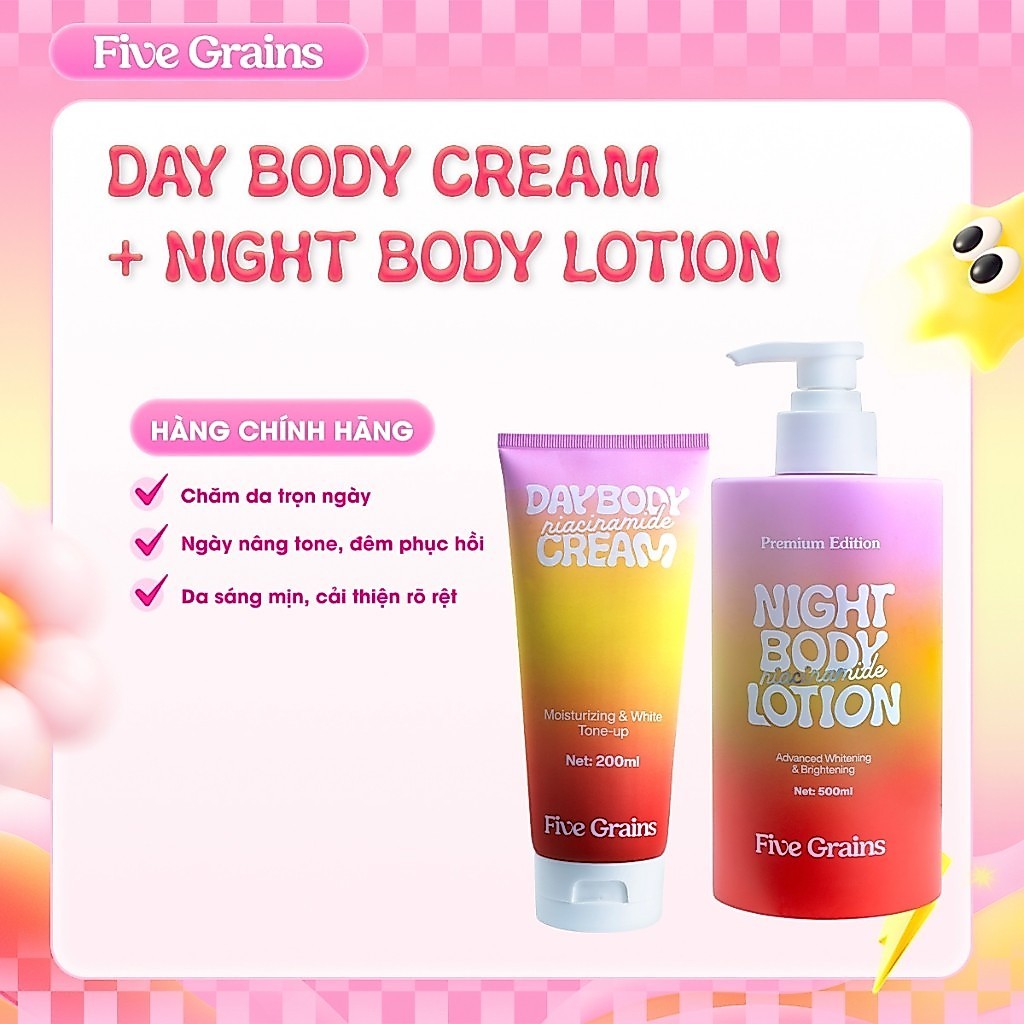 FIVE GRAINS - Kem Five Grains nâng tone body ban ngày  200ml / dưỡng ẩm body ban đêm 500ml