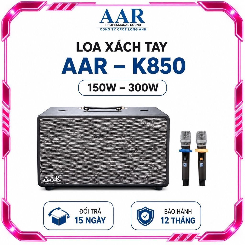 Loa Karaoke Xách Tay AAR K850 300W Kèm 2 Micro Không Dây UHF - Bluetooth 5.0, Pin Sạc, Hỗ Trợ USB/AU