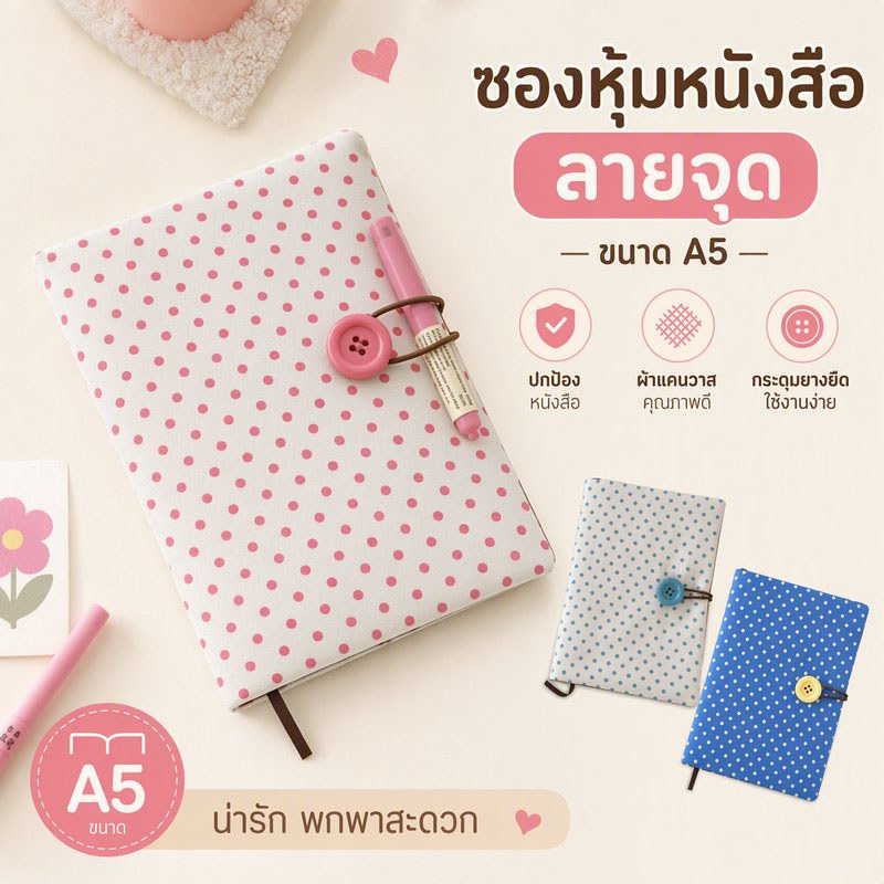 COD Book Sleeve A5 Notebook Hàn Quốc Vintage Chấm Bi Vải Chống Trầy Xước Chống Bụi Có Nút Và Khe Cắm