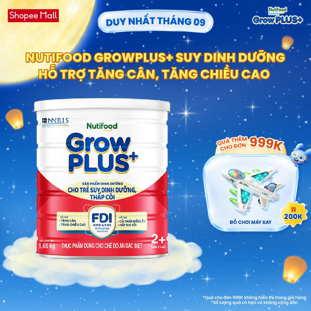 Sữa bột Nutifood GrowPLUS+ Suy Dinh Dưỡng (Đỏ) 2+ - Tăng Cân, Tăng Chiều Cao (Lon 1,65 Kg)