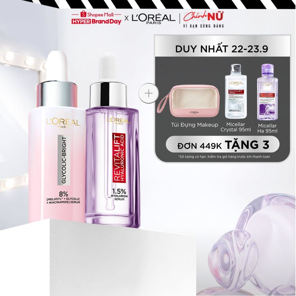 Bộ 2 Serum siêu cấp ẩm Hyaluronic Acid 1.5% 30ml & Glycolic Melasyl 8% dưỡng sáng da, mờ thâm mụn nám Loreal Paris